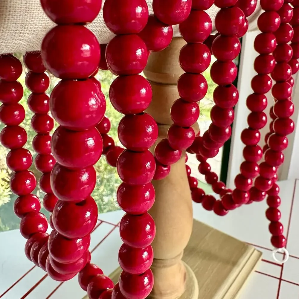 Vintage Bright Red Wooden Bead Garland 12 Ft Rustic Farmhouse Decor